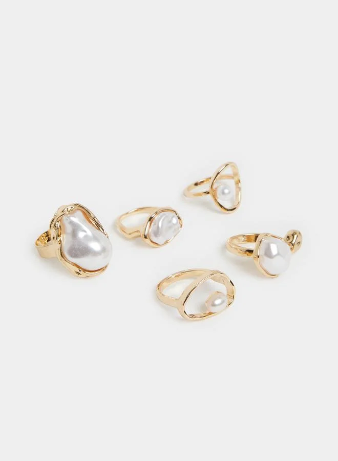Styli  Pack of 5 - Gold-Tone Pearl Statement Rings for Women | Best Price UAE